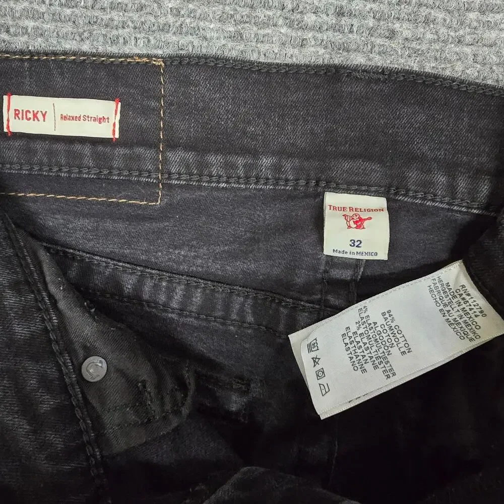 True Religion Ricky Flap SN Jeans Mens 32x32 Rinse Black Relaxed Straight Denim